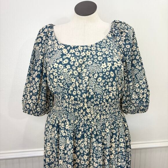 Wayward Fancies eShakti 3X 24W Dress Floral Teal Cream Smocked Peasant Cottage - Picture 11 of 15